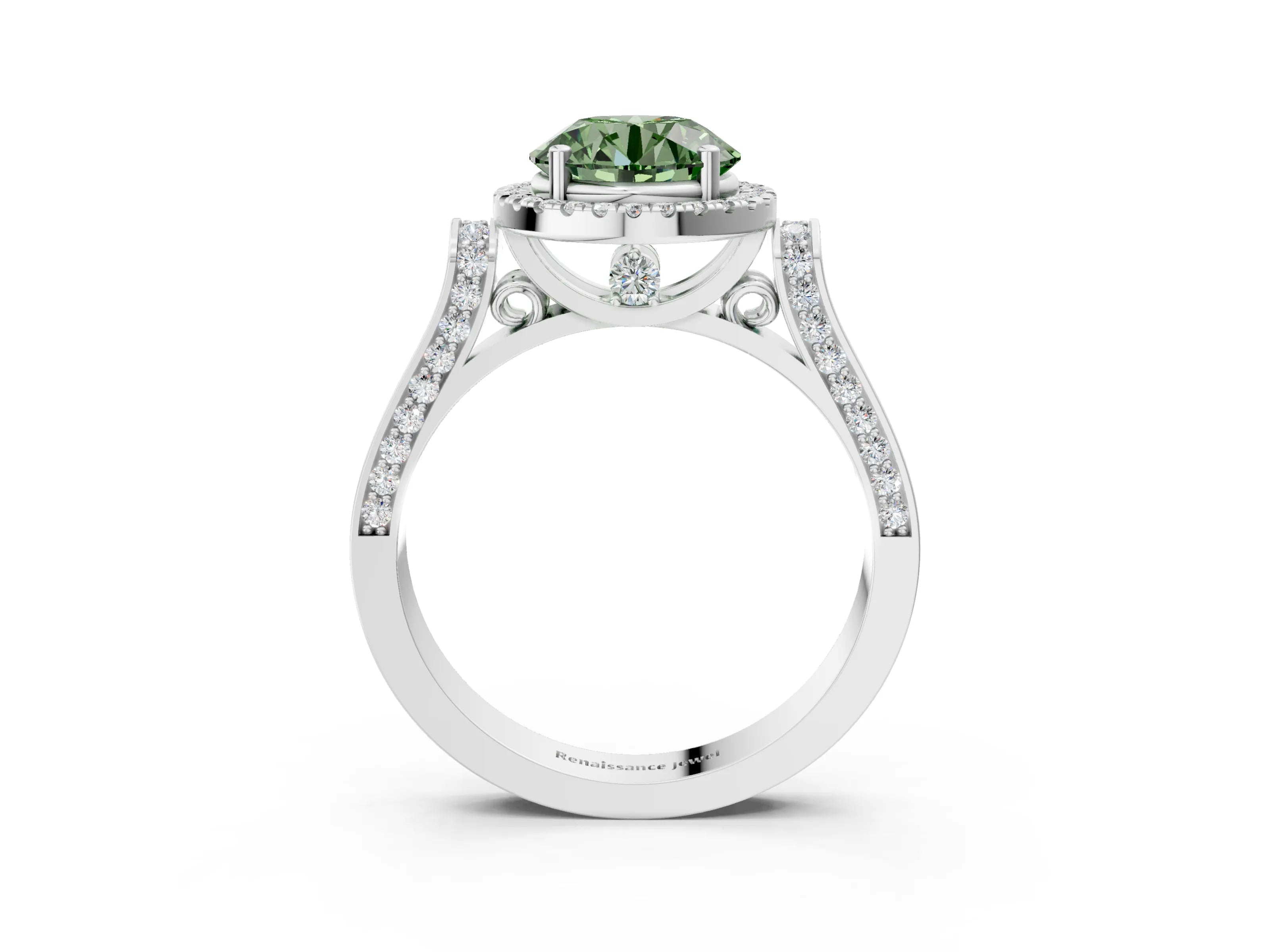 White gold Fancy Green Round Cut Halo Round Diamond Twist Band with Four-Prong Setting_3