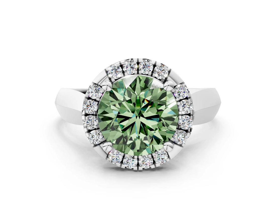 White gold Fancy Green Round  Cut Halo Solitaire Engagement Ring with Square Band and Four-Prong Setting_12