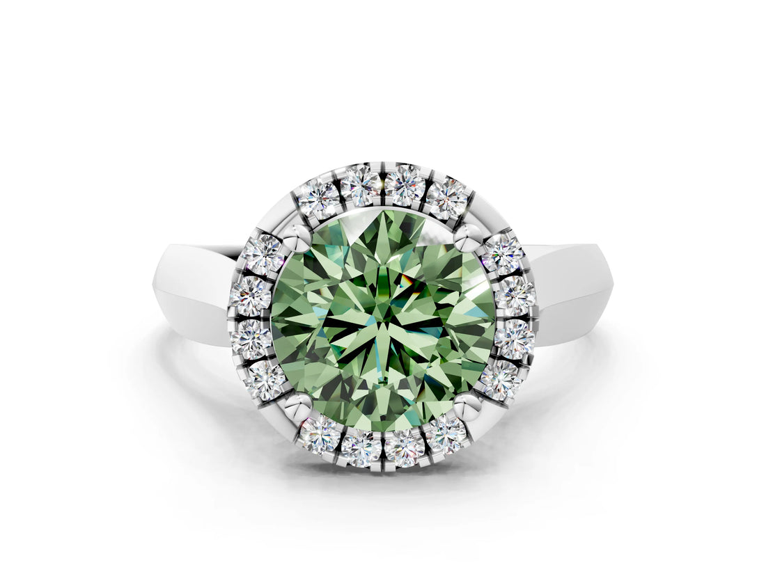 White gold Fancy Green Round  Cut Halo Solitaire Engagement Ring with Square Band and Four-Prong Setting_126