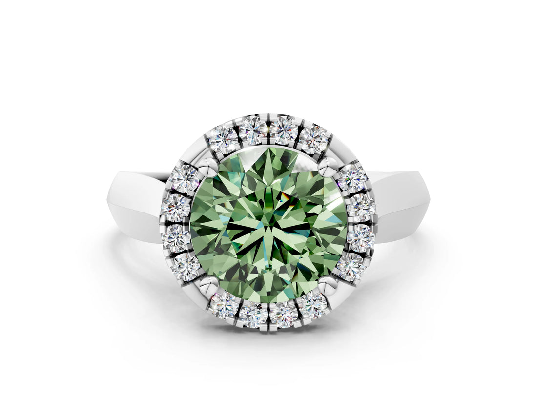 White gold Fancy Green Round  Cut Halo Solitaire Engagement Ring with Square Band and Four-Prong Setting_78