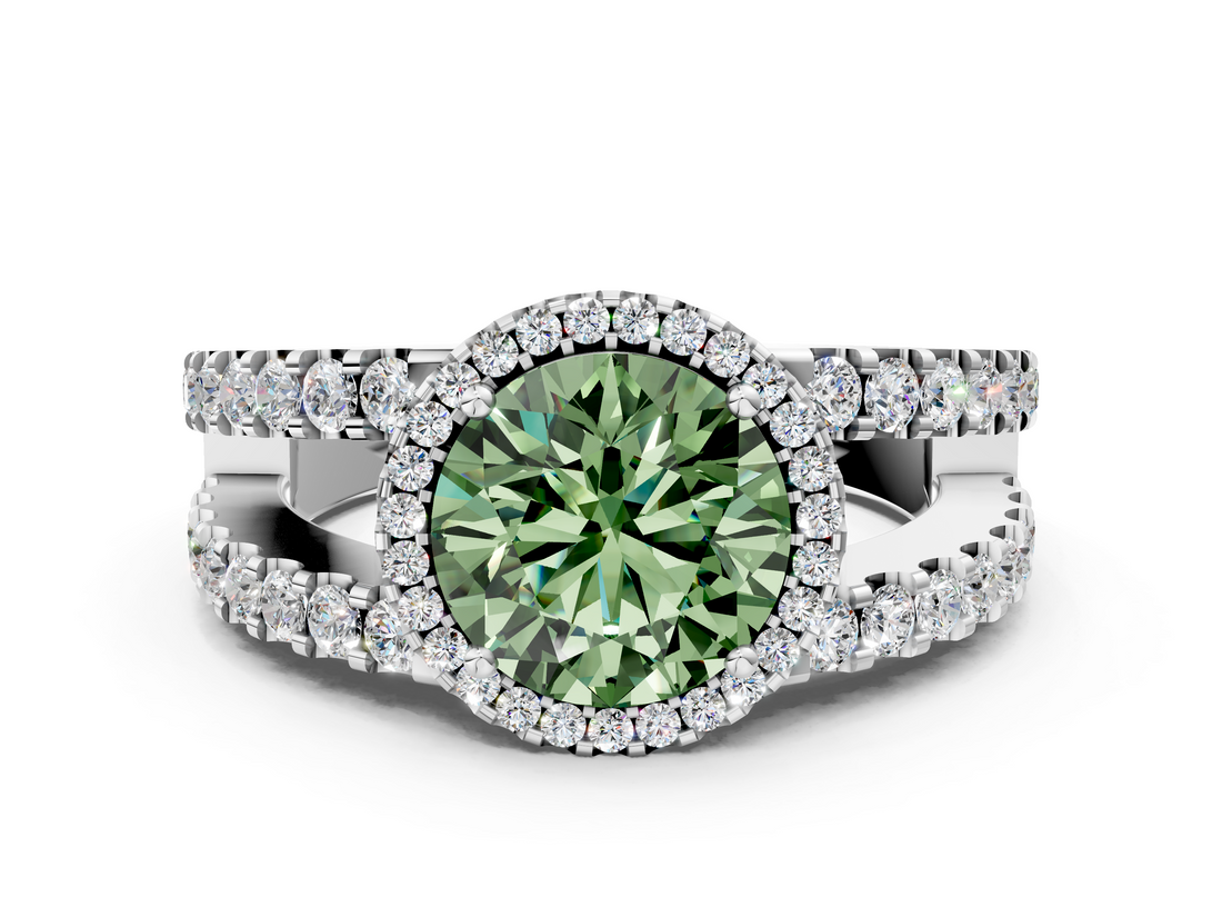 White gold Fancy Green Round  Cut Halo Split Shank Diamond Ring with Four-Prong Setting_45