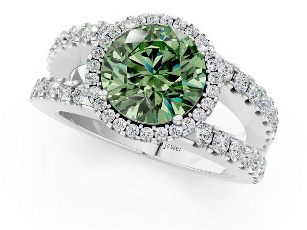 White gold Fancy Green Round  Cut Halo Split Shank Diamond Ring with Four-Prong Setting