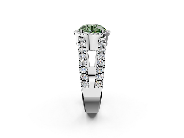 White gold Fancy Green Round  Cut Halo Split Shank Diamond Ring with Four-Prong Setting