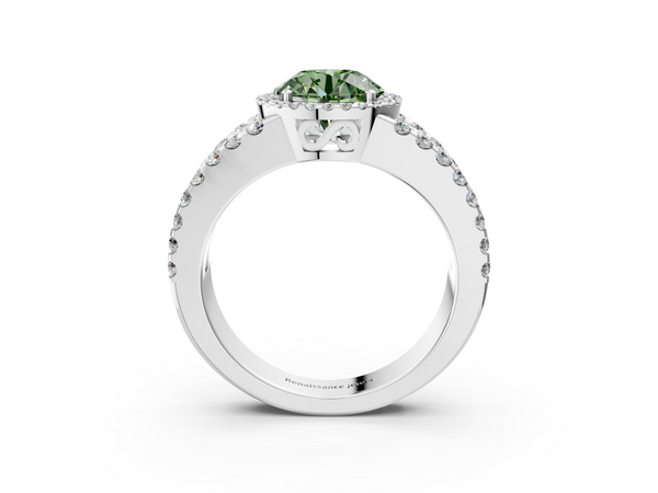 White gold Fancy Green Round  Cut Halo Split Shank Diamond Ring with Four-Prong Setting