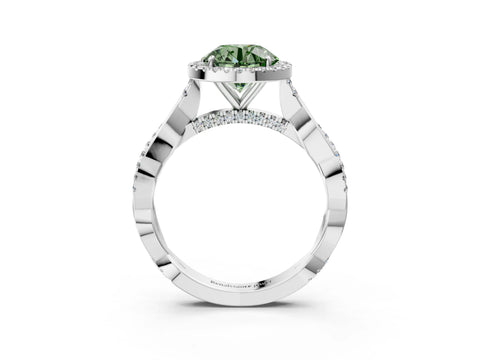 White gold Fancy Green Round Cut Halo Twist Band with Four-Prong Setting_3