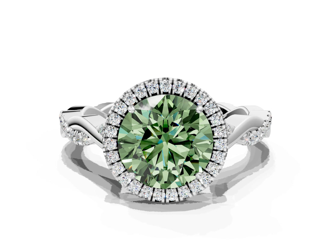 White gold Fancy Green Round Cut Halo Twist Band with Four-Prong Setting_72
