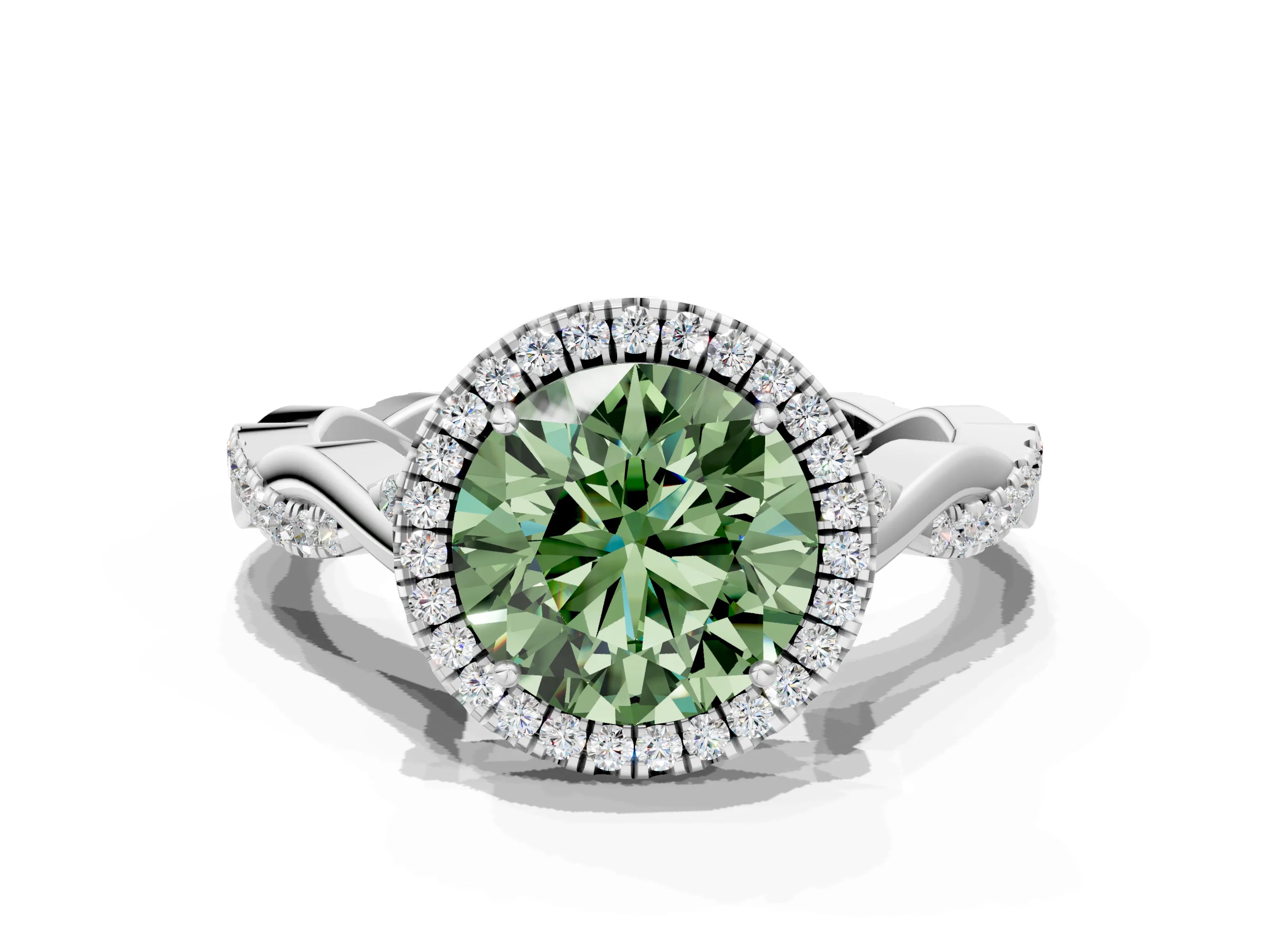 White gold Fancy Green Round Cut Halo Twist Band with Four-Prong Setting_72