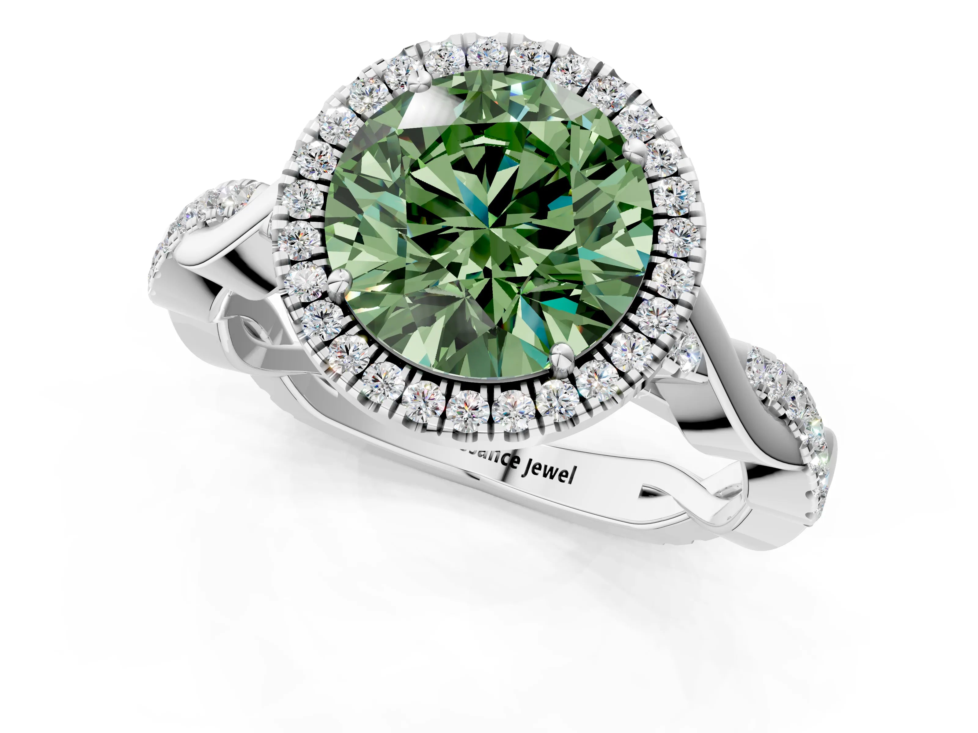 White gold Fancy Green Round Cut Halo Twist Band with Four-Prong Setting_73