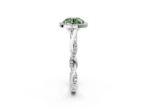 White gold Fancy Green Round Cut Halo Twist Band with Four-Prong Setting_74