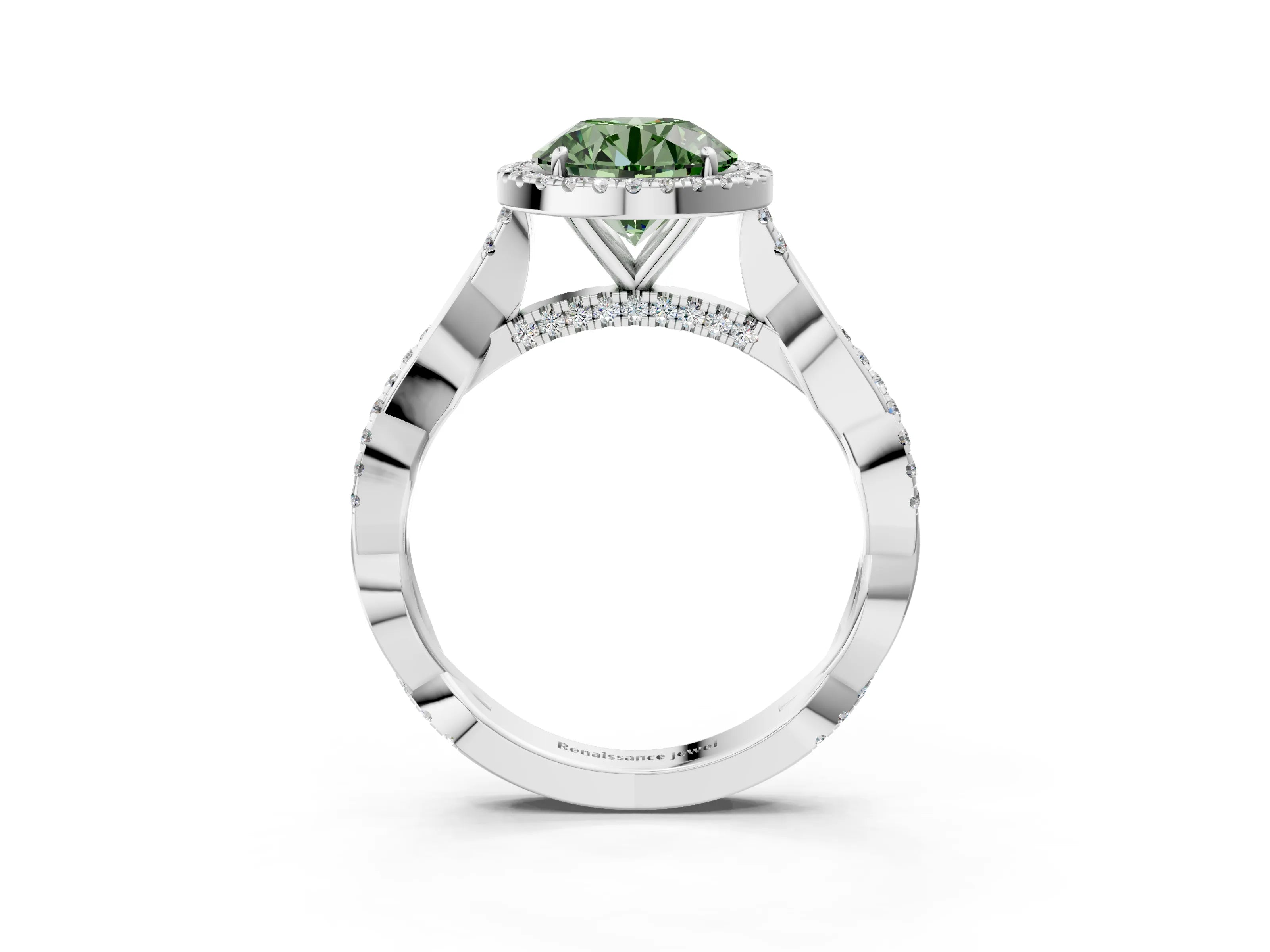 White gold Fancy Green Round Cut Halo Twist Band with Four-Prong Setting_75