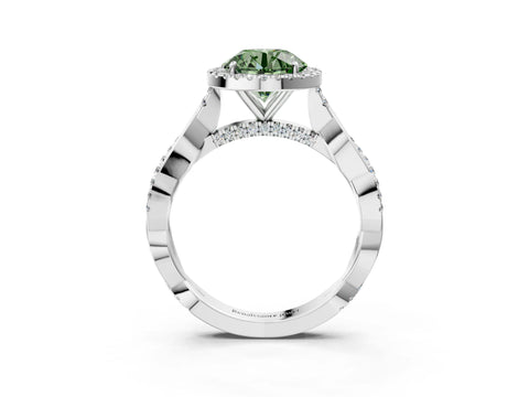 White gold Fancy Green Round Cut Halo Twist Band with Four-Prong Setting_75