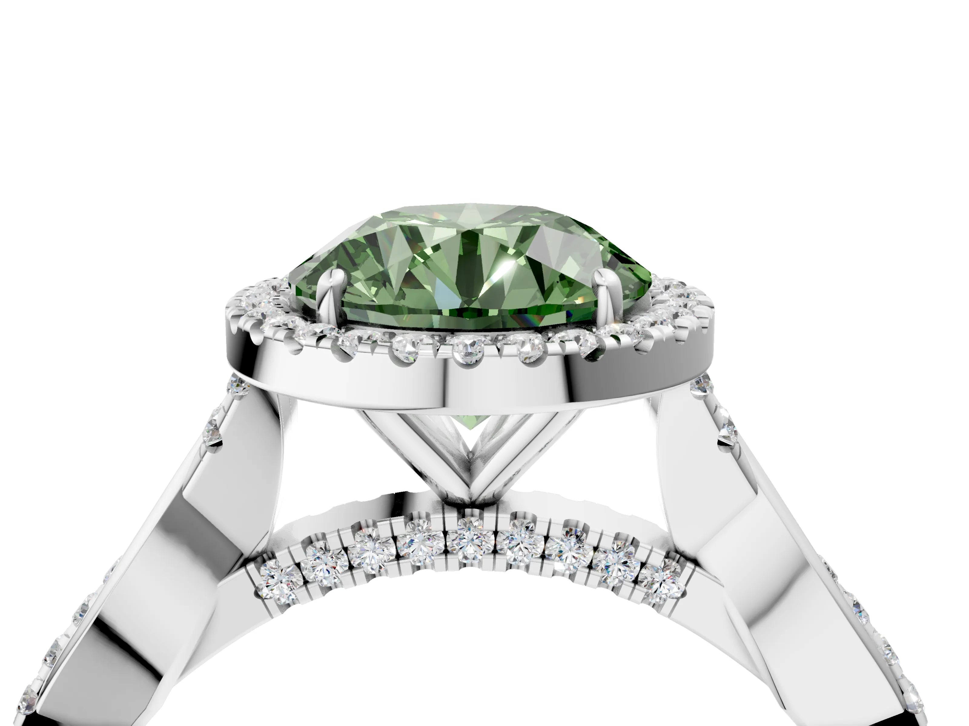 White gold Fancy Green Round Cut Halo Twist Band with Four-Prong Setting_76