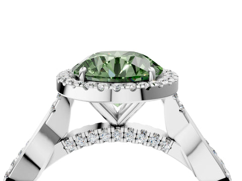 White gold Fancy Green Round Cut Halo Twist Band with Four-Prong Setting_76
