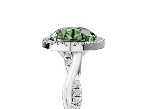 White gold Fancy Green Round Cut Halo Twist Band with Four-Prong Setting_77
