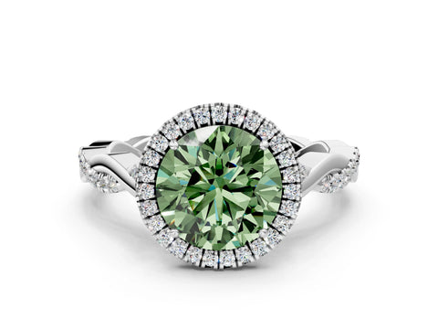 White gold Fancy Green Round Cut Halo Twist Band with Four-Prong Setting