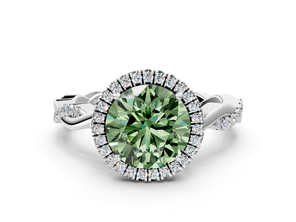 Platinum Fancy Green Round  Cut Halo Twisted Band Four-Prong Ring