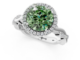 White gold Fancy Green Round  Cut Halo Twisted Band Four-Prong Ring_57