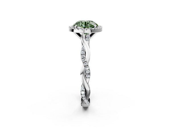 Platinum Fancy Green Round  Cut Halo Twisted Band Four-Prong Ring