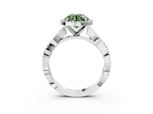 Platinum Fancy Green Round  Cut Halo Twisted Band Four-Prong Ring