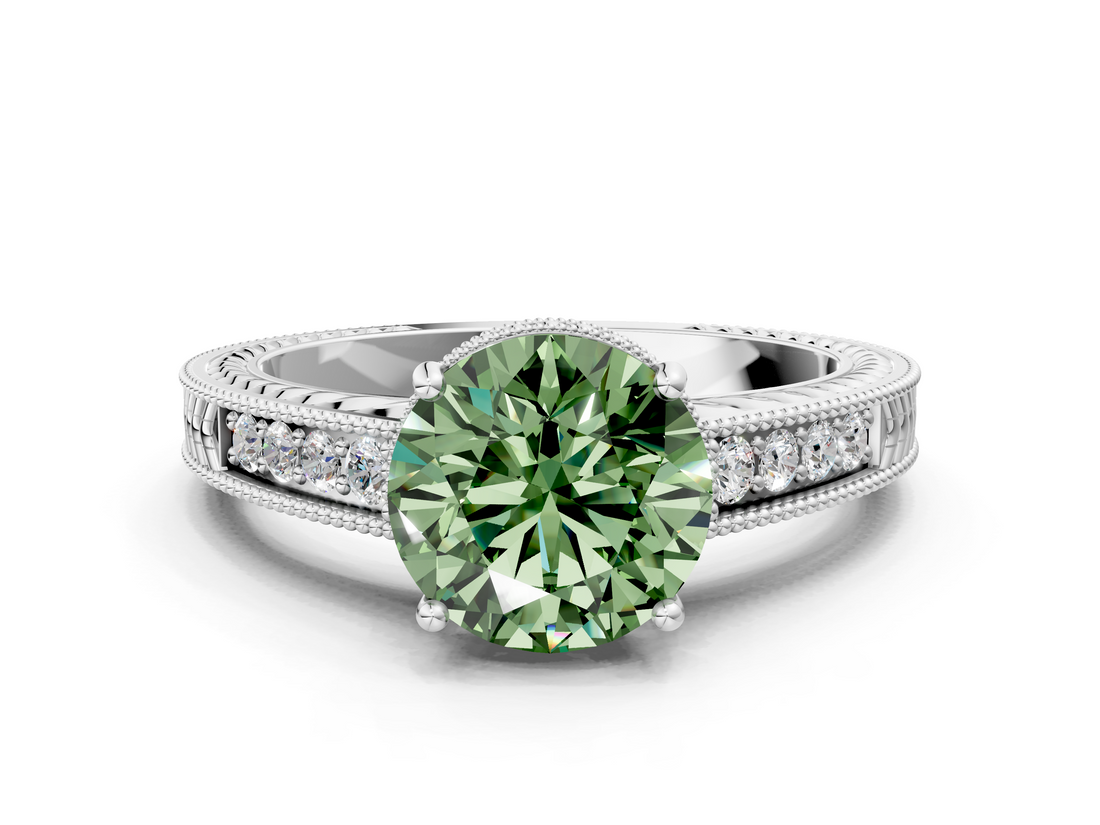 White gold Fancy Green Round  Cut Milgrain Channel Set Engagement Ring with Solitaire Prong Setting_48