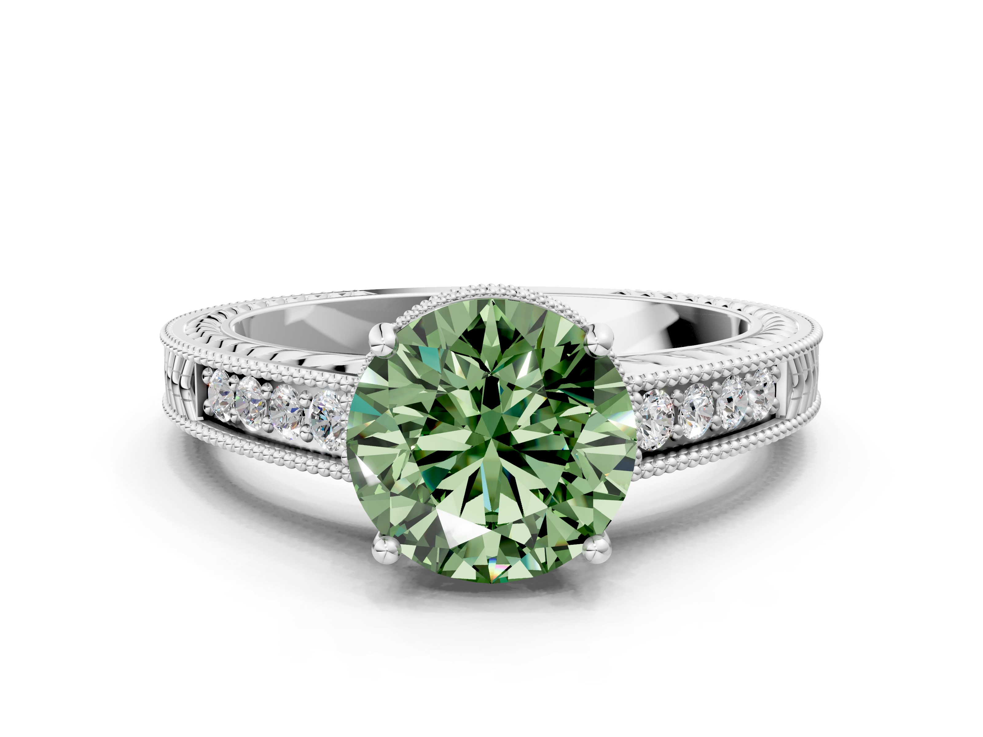 White gold Fancy Green Round  Cut Milgrain Channel Set Engagement Ring with Solitaire Prong Setting_48