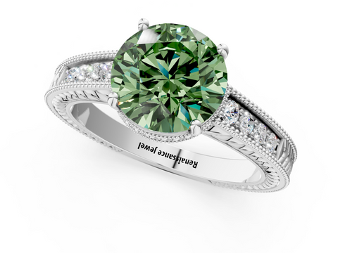 White gold Fancy Green Round  Cut Milgrain Channel Set Engagement Ring with Solitaire Prong Setting_49