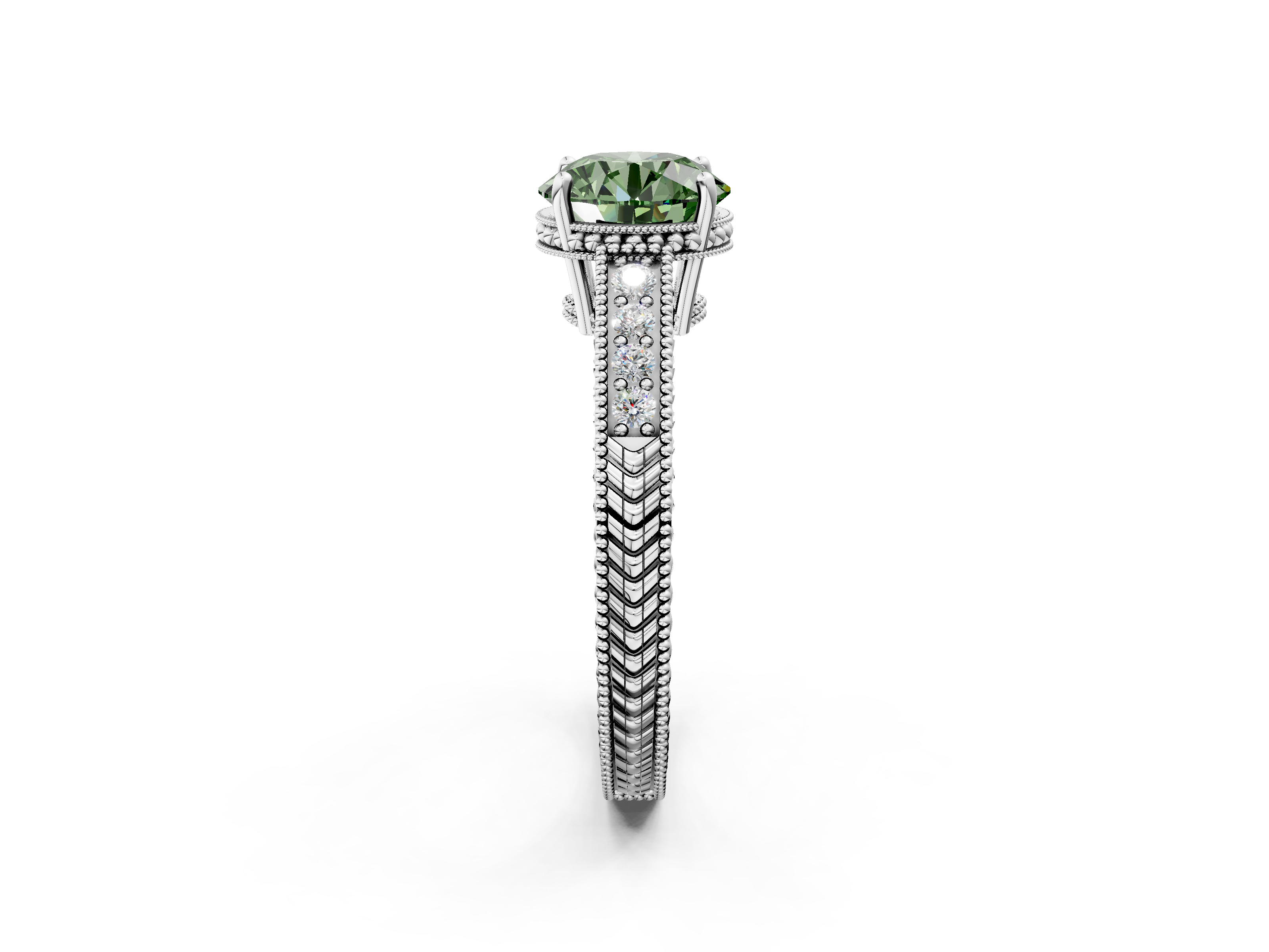 White gold Fancy Green Round  Cut Milgrain Channel Set Engagement Ring with Solitaire Prong Setting_50