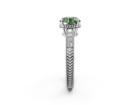 White gold Fancy Green Round  Cut Milgrain Channel Set Engagement Ring with Solitaire Prong Setting_50