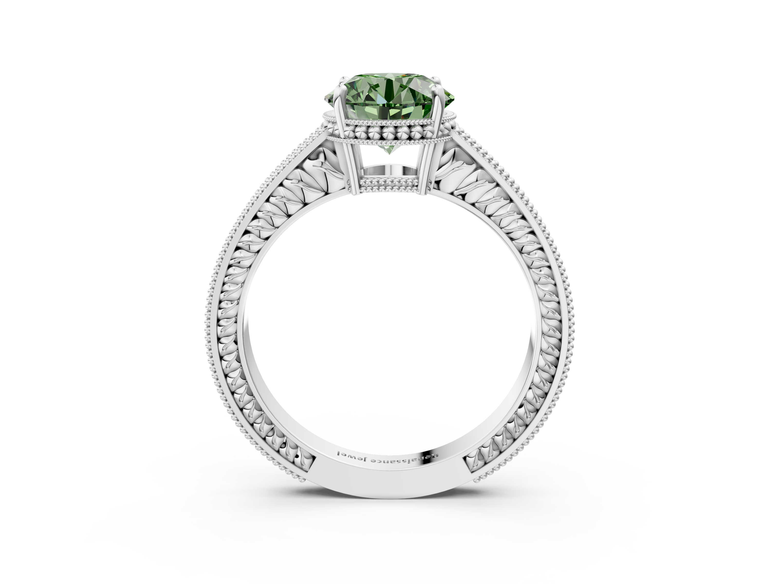 White gold Fancy Green Round  Cut Milgrain Channel Set Engagement Ring with Solitaire Prong Setting_51