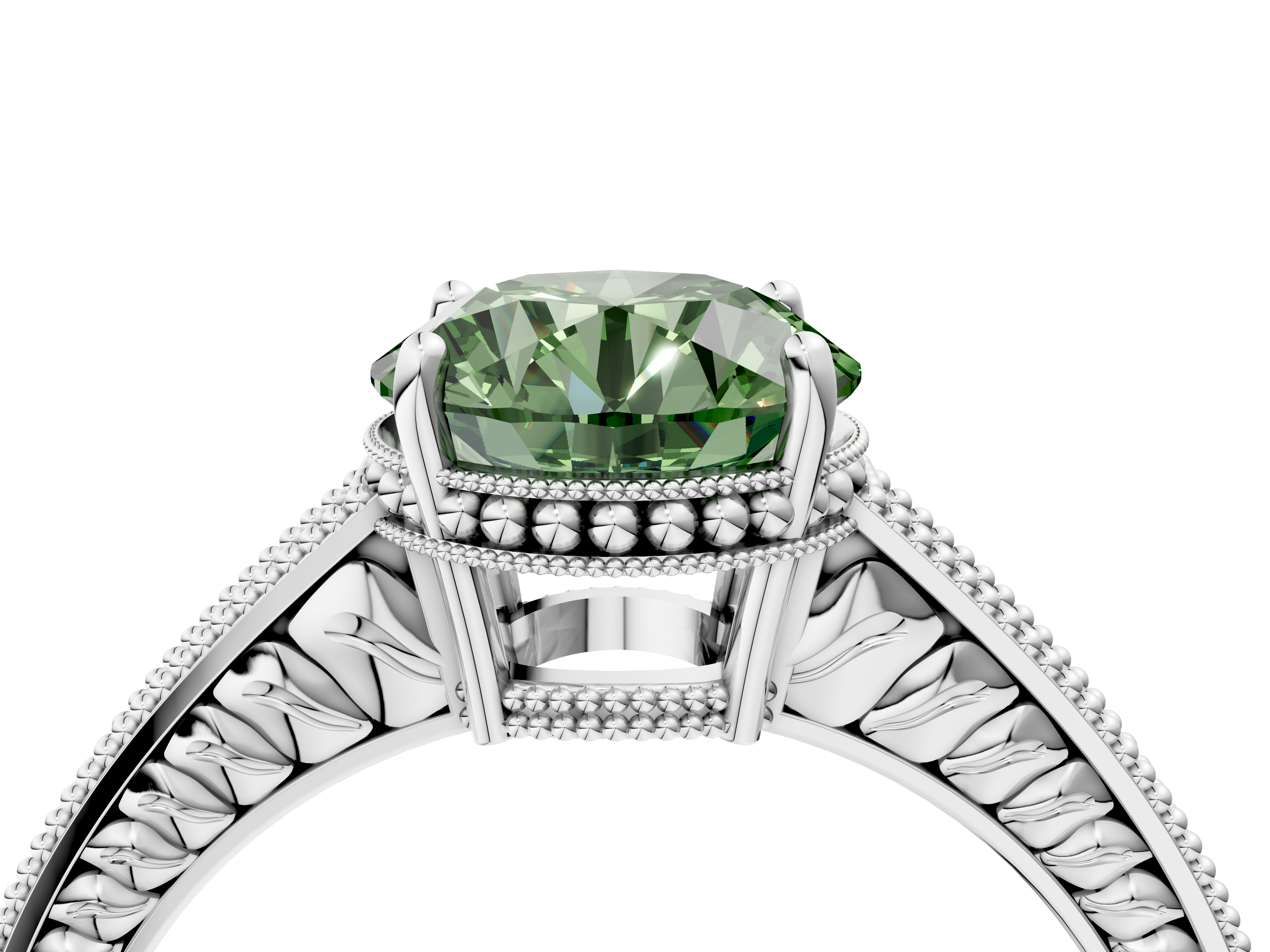 White gold Fancy Green Round  Cut Milgrain Channel Set Engagement Ring with Solitaire Prong Setting_52