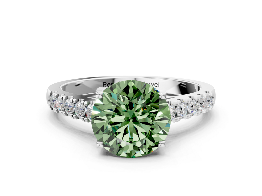 White gold Fancy Green Round  Cut Pavé Band Solitaire Ring with Four-Prong Setting_44