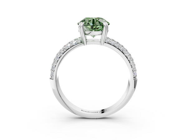 Platinum Fancy Green Round  Cut Pave Diamond Engagement Ring with Channel Set Band and Four-Prong Setting