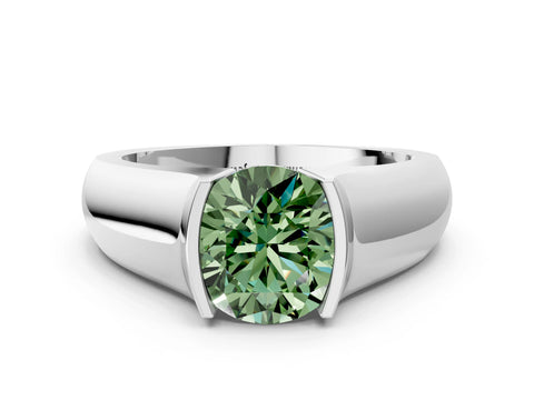 White gold Fancy Green Round Cut Solitaire Bezel Set Diamond Ring with Wide Band_12