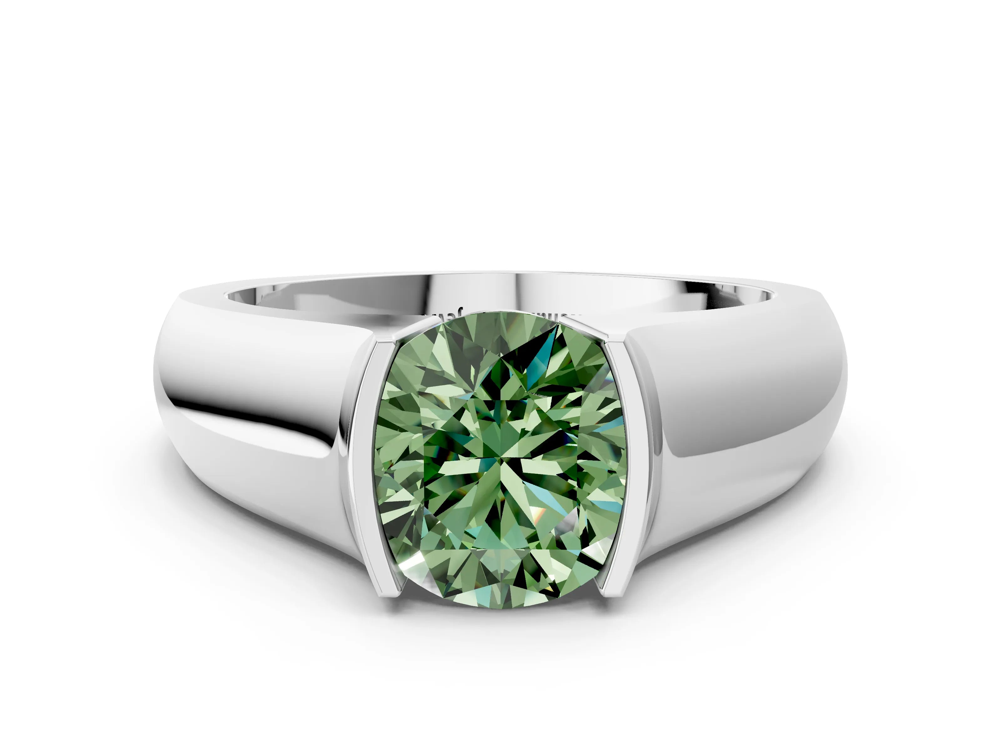 White gold Fancy Green Round Cut Solitaire Bezel Set Diamond Ring with Wide Band_12