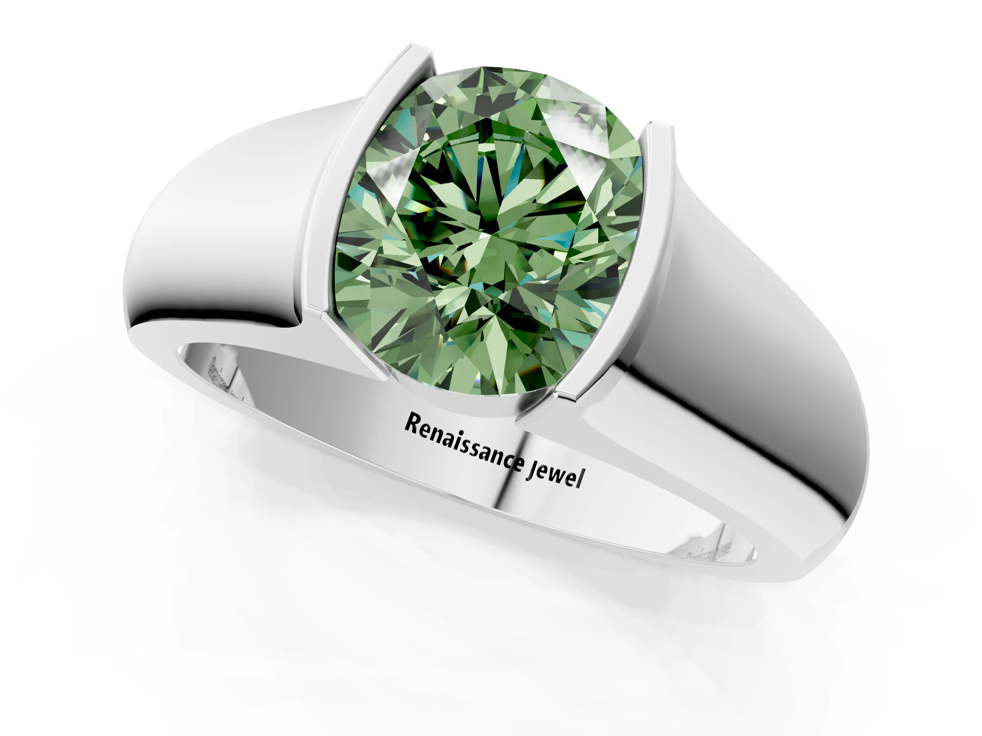 White gold Fancy Green Round Cut Solitaire Bezel Set Diamond Ring with Wide Band_13