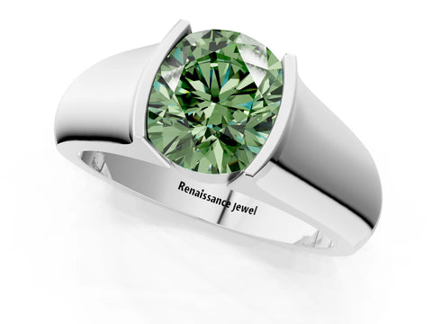 White gold Fancy Green Round Cut Solitaire Bezel Set Diamond Ring with Wide Band_13