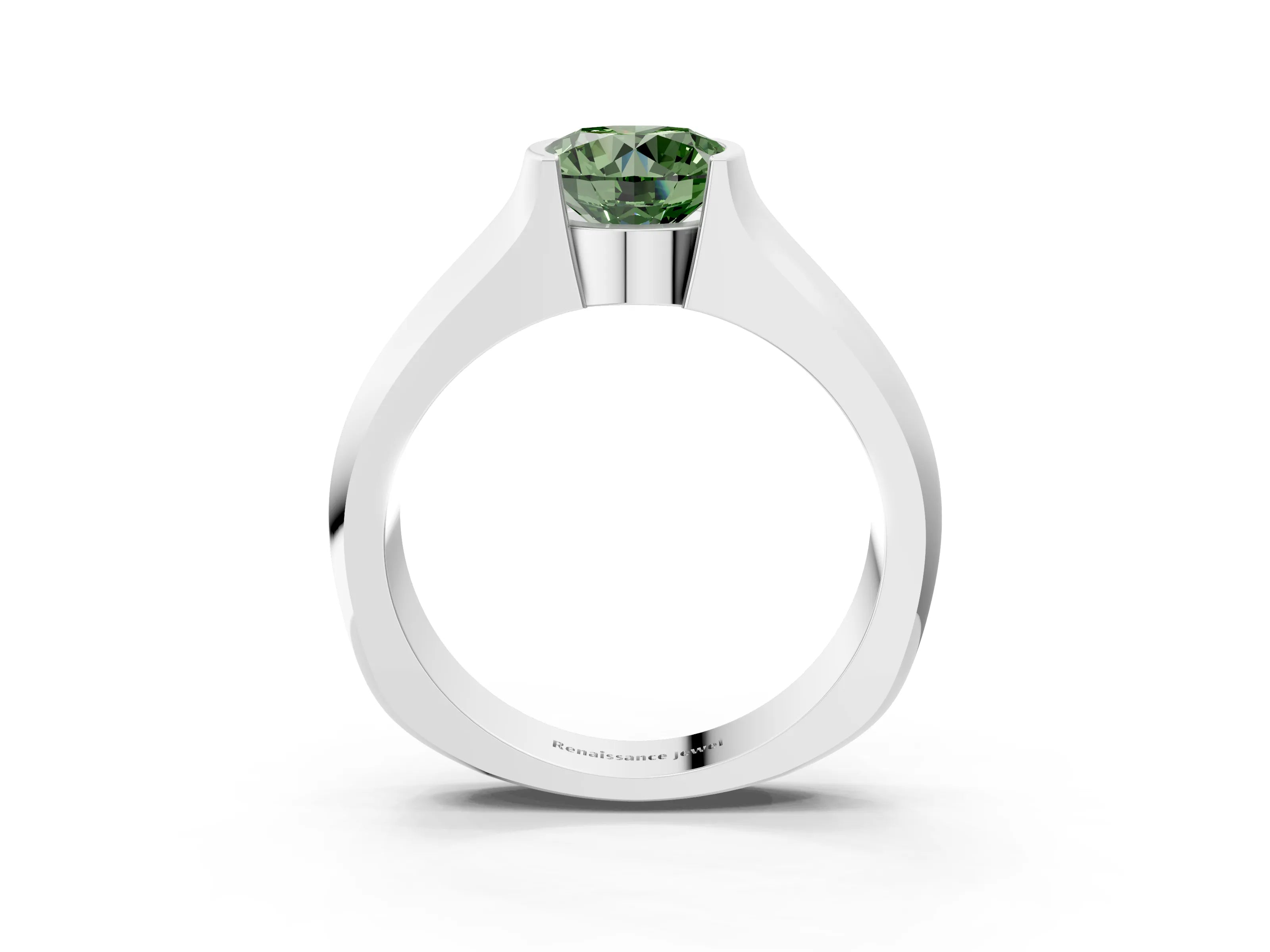 White gold Fancy Green Round Cut Solitaire Bezel Set Diamond Ring with Wide Band_15