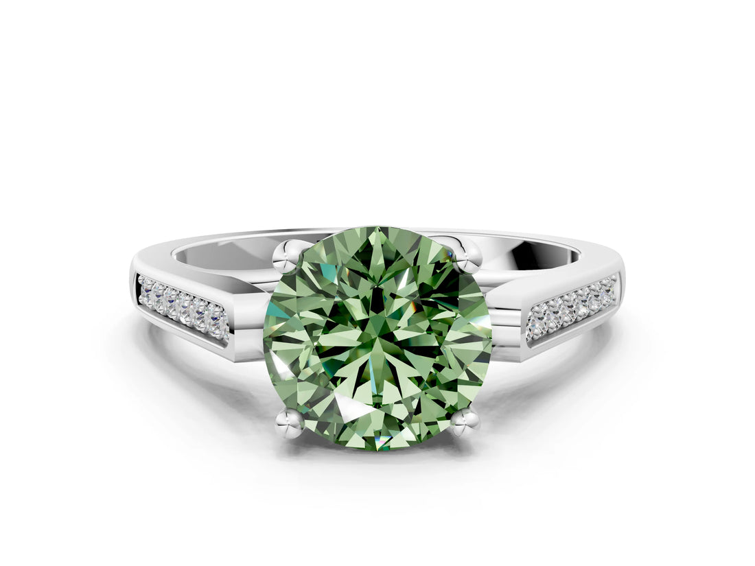 White gold Fancy Green Round Cut Solitaire Cathedral Diamond Engagement Ring with Channel-Set Band and Four-Prong Setting_15