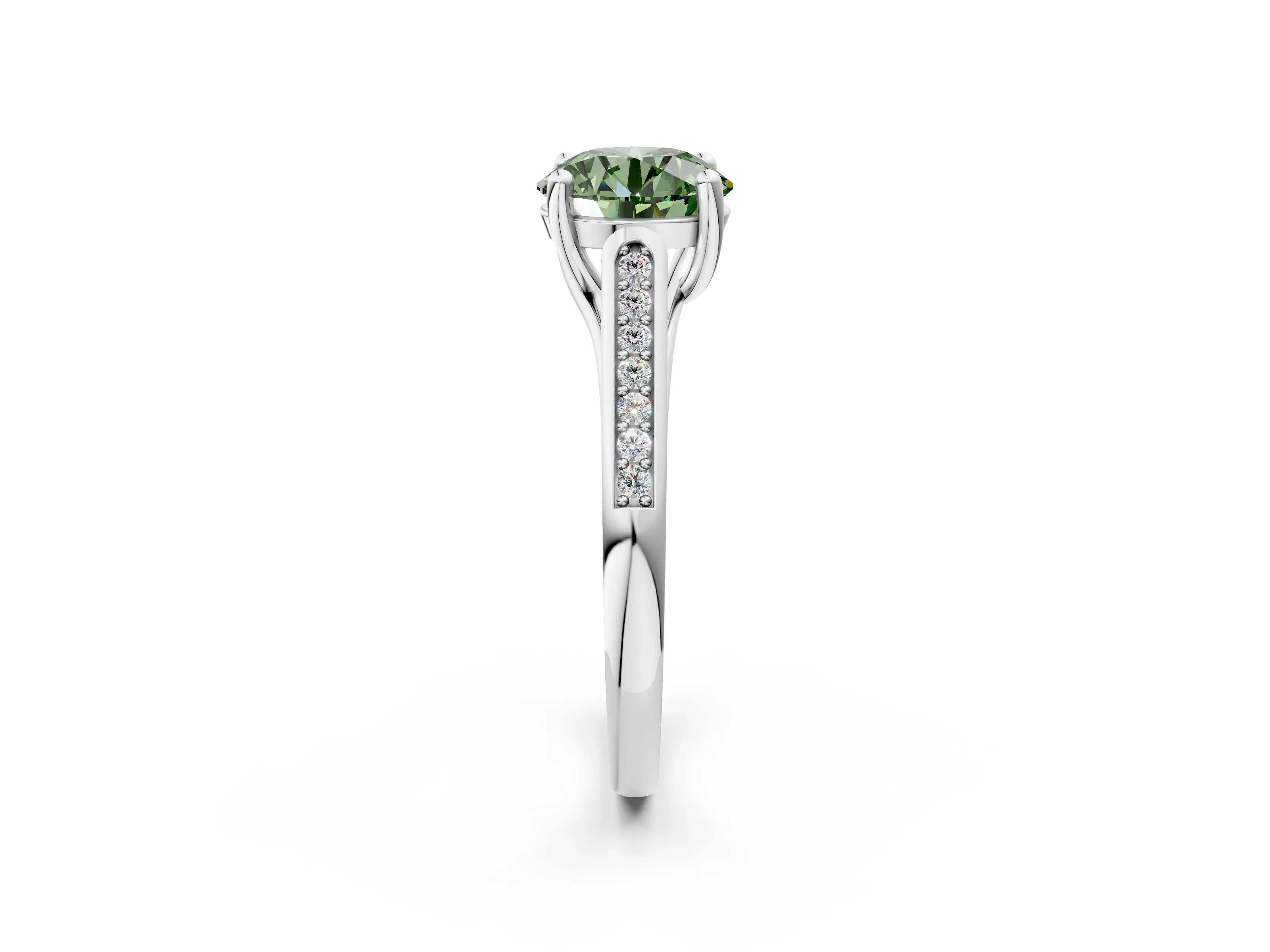 White gold Fancy Green Round Cut Solitaire Cathedral Diamond Engagement Ring with Channel-Set Band and Four-Prong Setting_17