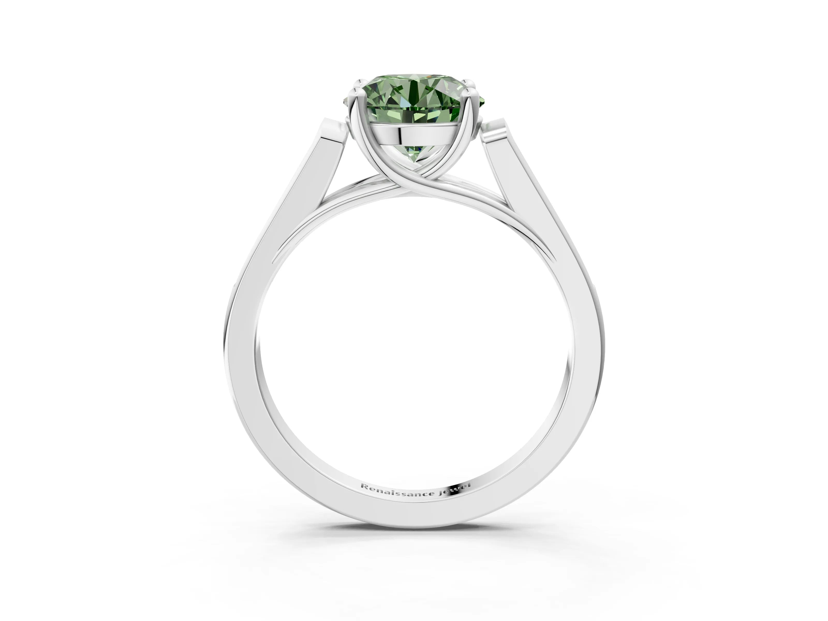 White gold Fancy Green Round Cut Solitaire Cathedral Diamond Engagement Ring with Channel-Set Band and Four-Prong Setting_18