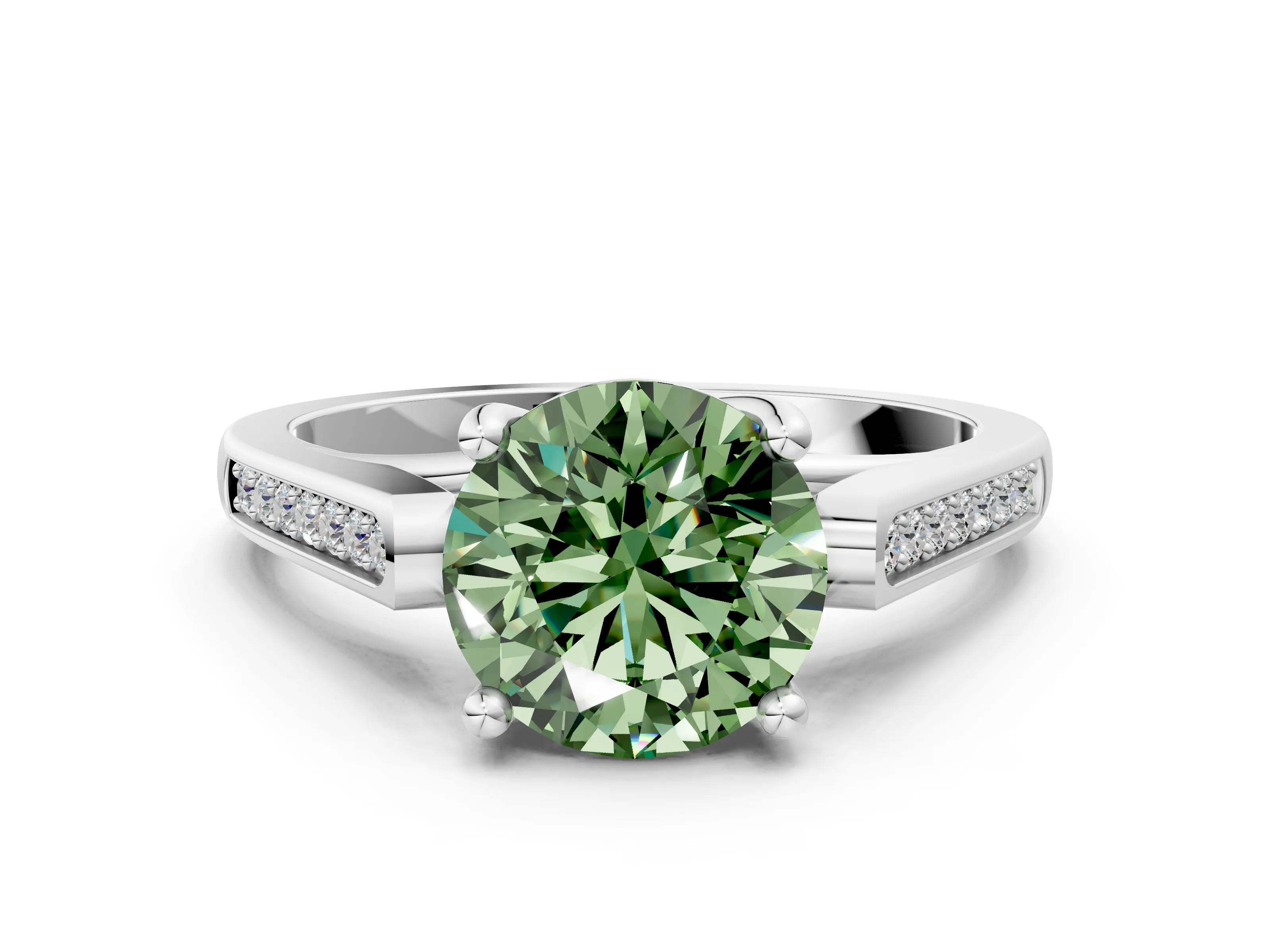 White gold Fancy Green Round Cut Solitaire Cathedral Diamond Engagement Ring with Channel-Set Band and Four-Prong Setting_3