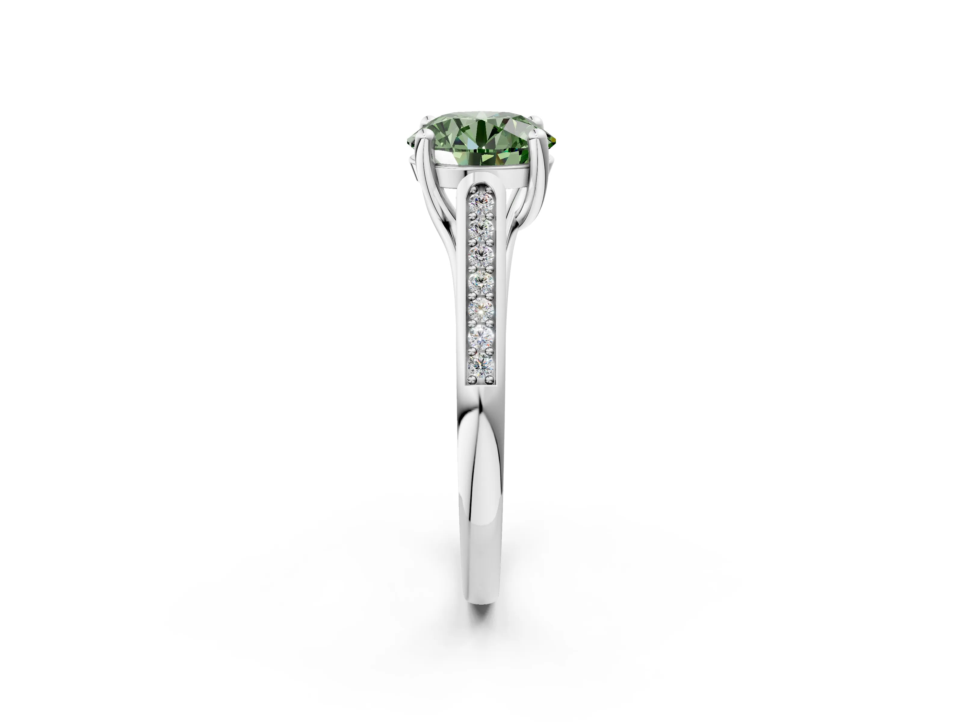 White gold Fancy Green Round Cut Solitaire Cathedral Diamond Engagement Ring with Channel-Set Band and Four-Prong Setting_5