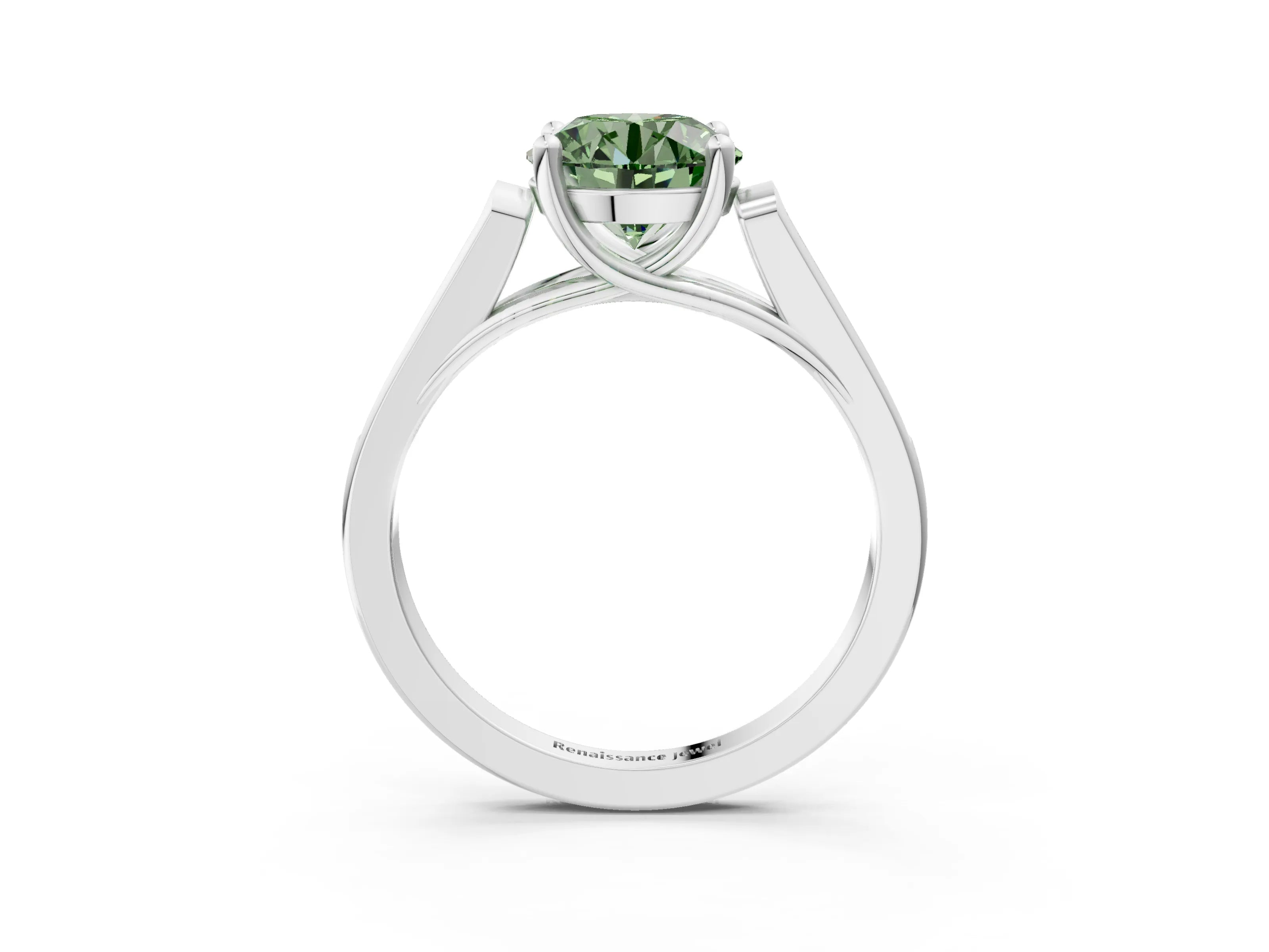 White gold Fancy Green Round Cut Solitaire Cathedral Diamond Engagement Ring with Channel-Set Band and Four-Prong Setting_6