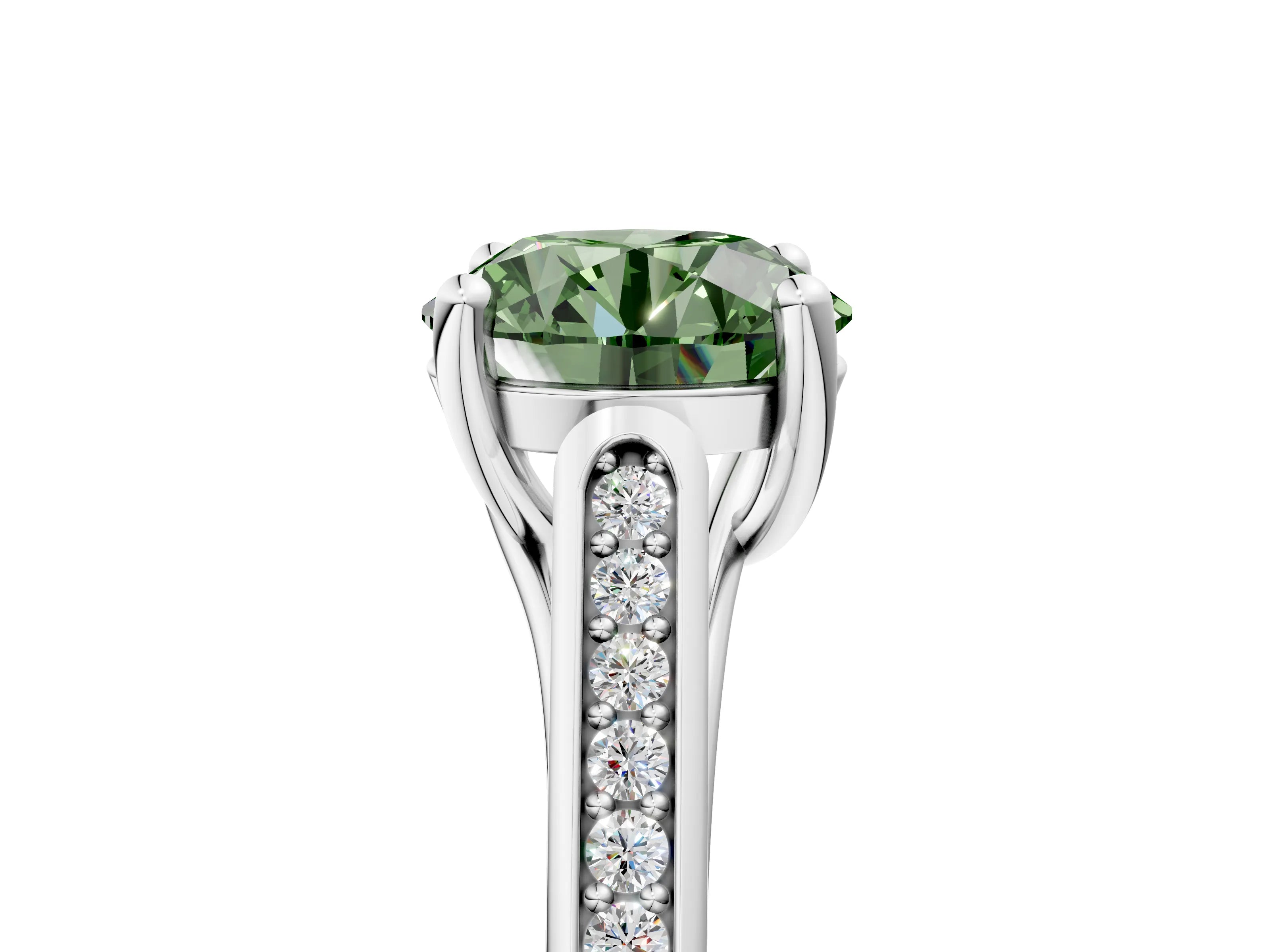 White gold Fancy Green Round Cut Solitaire Cathedral Diamond Engagement Ring with Channel-Set Band and Four-Prong Setting_8