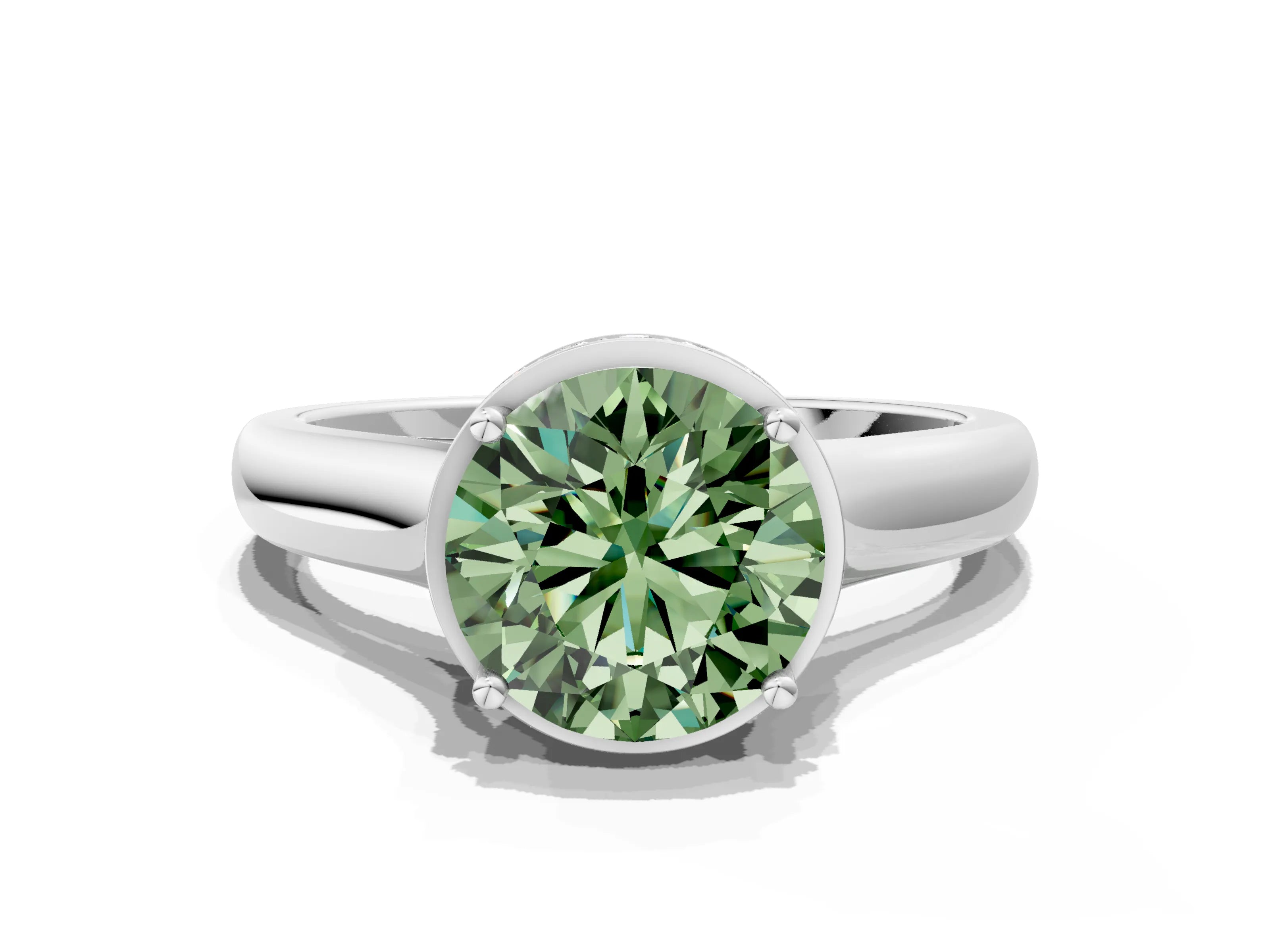White gold Fancy Green Round Cut Solitaire Diamond Engagement Ring with Four-Prong Setting and Tapered Band