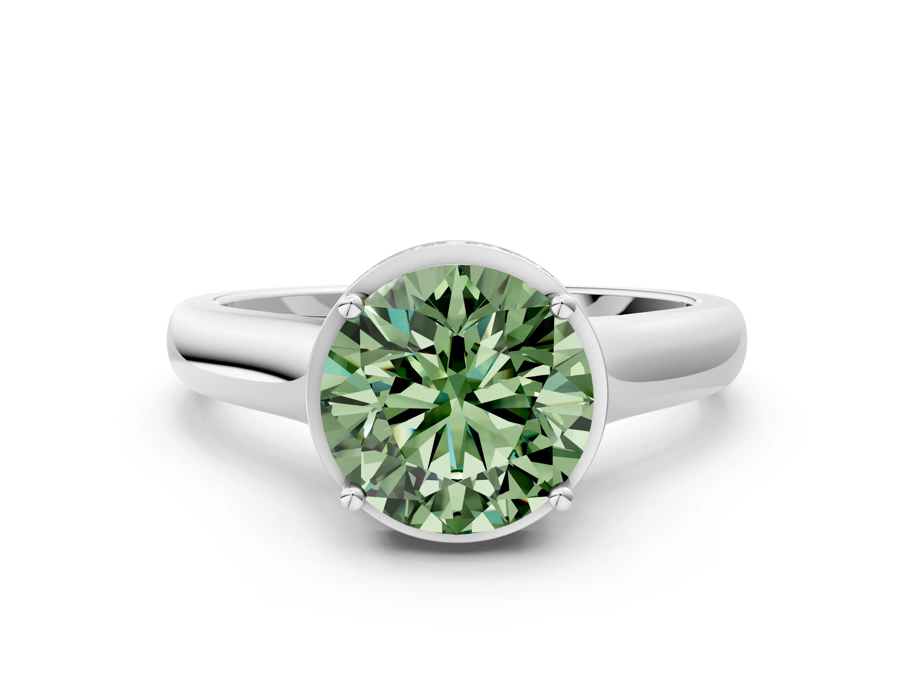 White gold Fancy Green Round Cut Solitaire Diamond Engagement Ring with Four-Prong Setting and Tapered Band_12