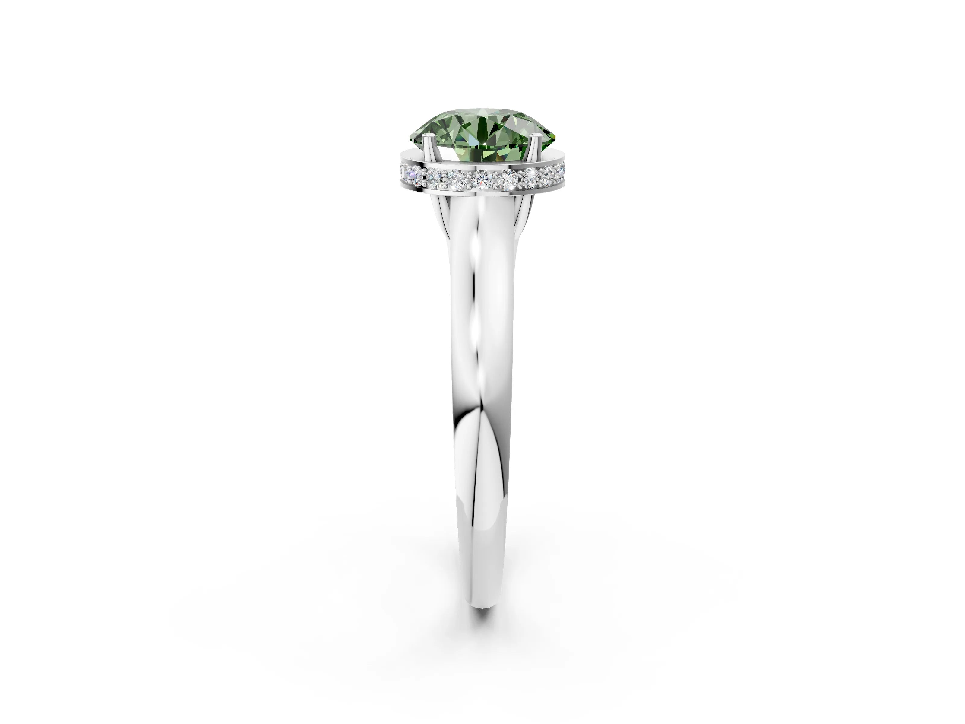 White gold Fancy Green Round Cut Solitaire Diamond Engagement Ring with Four-Prong Setting and Tapered Band_14