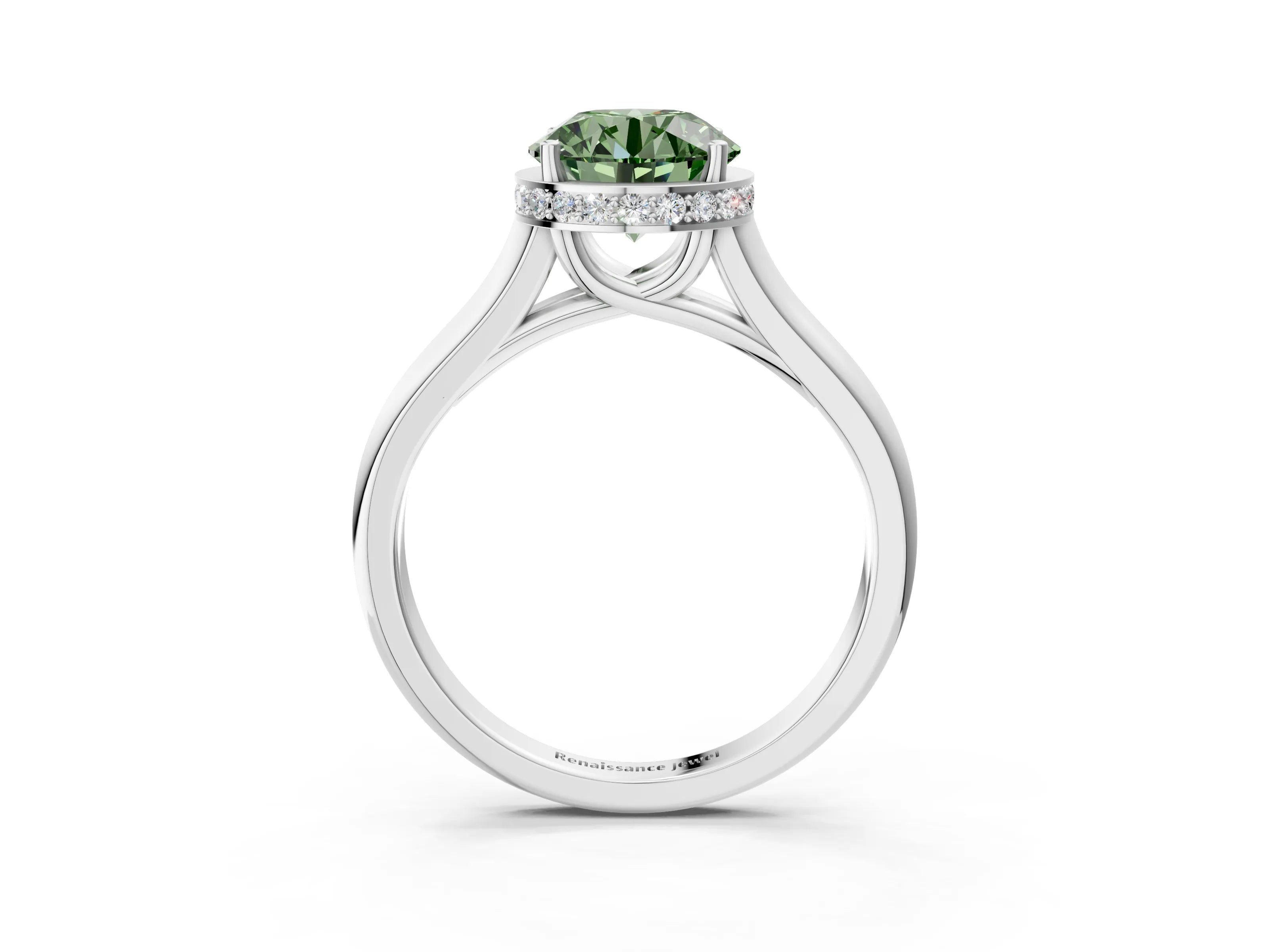 White gold Fancy Green Round Cut Solitaire Diamond Engagement Ring with Four-Prong Setting and Tapered Band_15