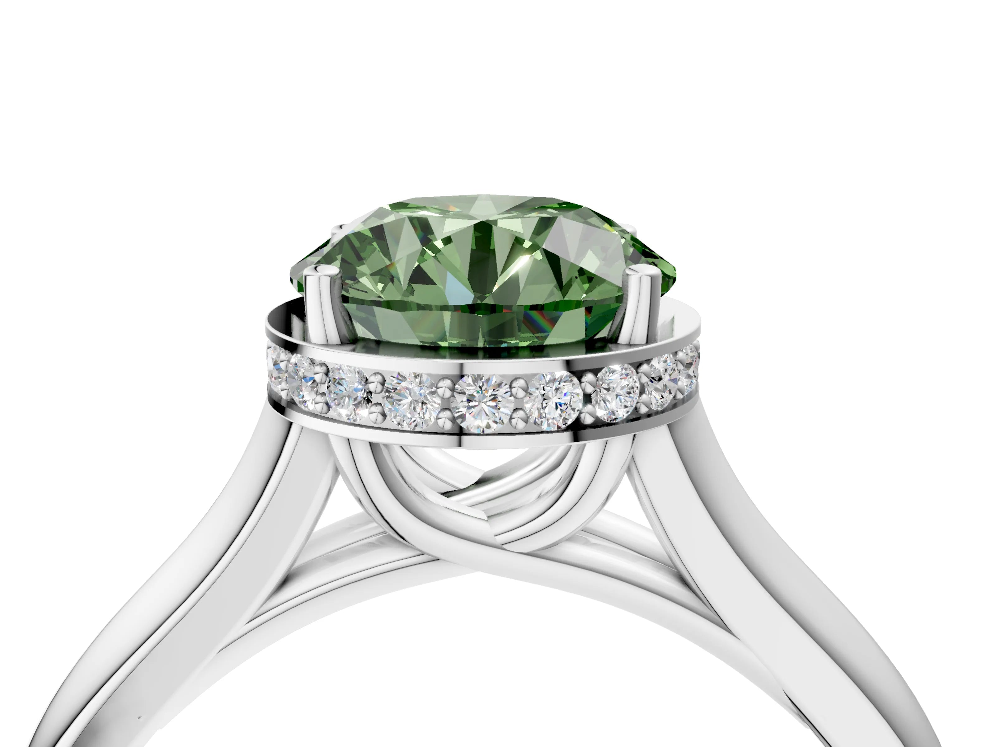 White gold Fancy Green Round Cut Solitaire Diamond Engagement Ring with Four-Prong Setting and Tapered Band_16
