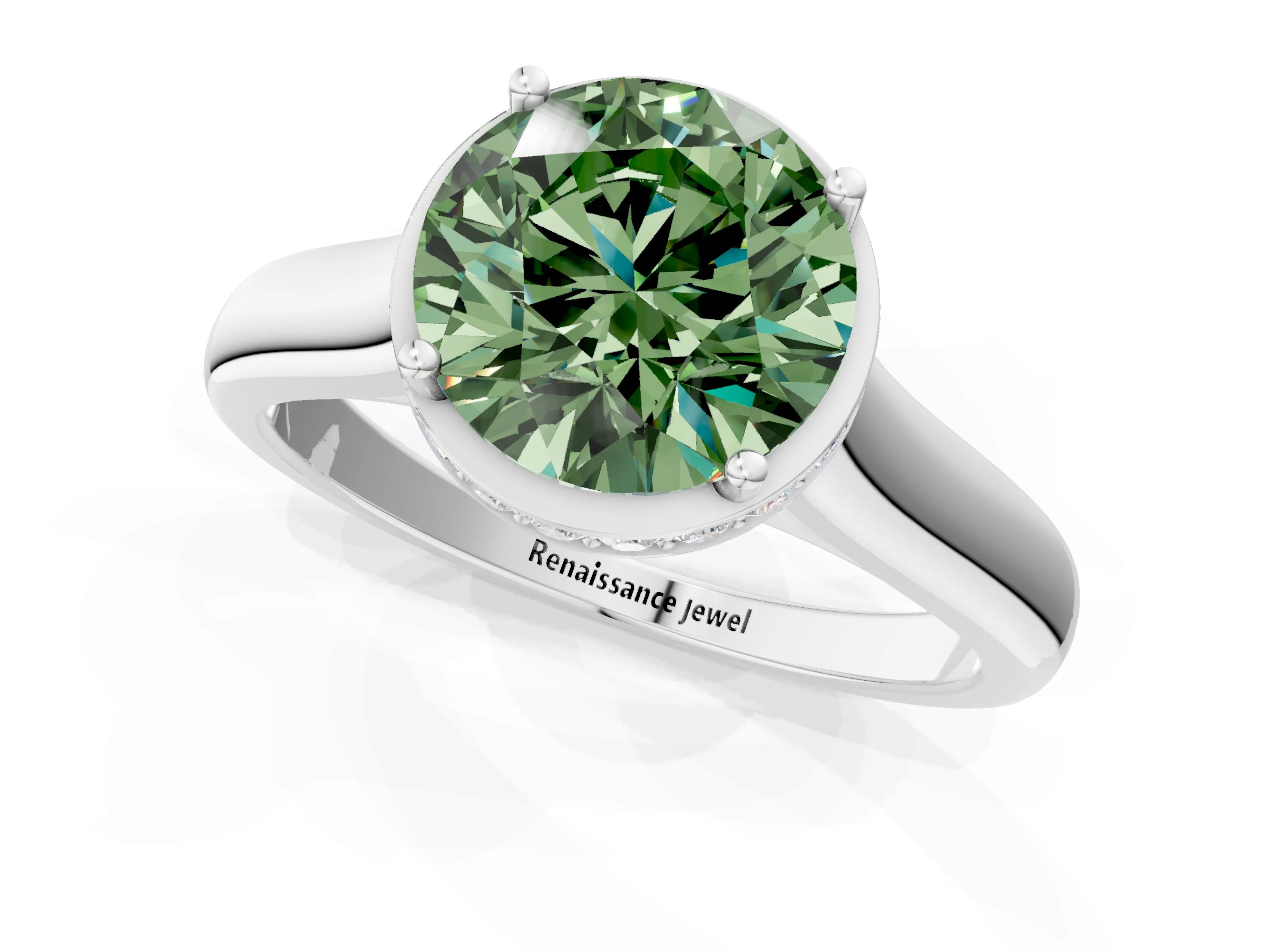 White gold Fancy Green Round Cut Solitaire Diamond Engagement Ring with Four-Prong Setting and Tapered Band_1